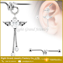 316L Surgical Steel Clear Heart CZ Angel Wing Dangle Industrial Barbell